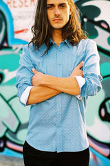 HEW Clothing Slim Cut Shirt with Pocket in Blue with White Dots