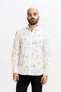 HEW The Classic Slim Cut Shirt in White Boat Print